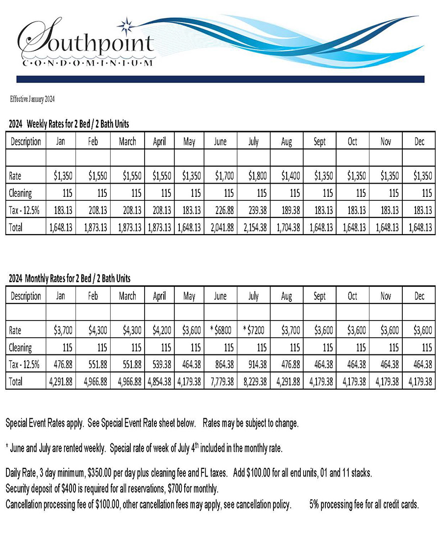 Weekly Rates for 2 Bed/2 Bath Units